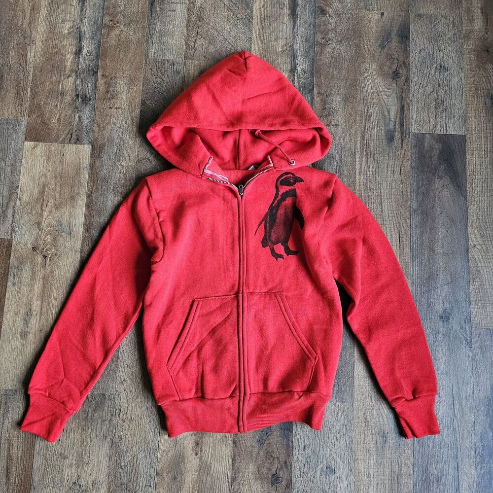 Vintage 90s Jerzees Red Penguin Zip Up Hoodie Youth Medium Shrunken Fit